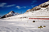 Bernina Pass with bernina express near at black lake, Graubünden, Switzerland