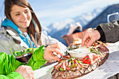 a snapshot during a lunch break out of a hut with typical food from Trentino, Trento province, Trentino Alto Adige, Italy, Europe