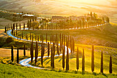 Baccoleno Bauernhaus bei Sonnenuntergang, Asciano, Crete Senesi, Provinz Siena, Italien, Europa