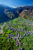 Aerial shot of the village of Talamona, Valtellina, Lombardy Italy Europe
