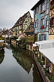 Farbige Häuser spiegeln sich in der Weihnachtszeit im Fluss Lauch wider Petite Venise Colmar Departement Haut-Rhin Elsass Frankreich Europa