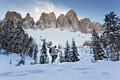 ein Wanderer mit Schneeschuhen und der Geisler im Hintergrund, entlang des Adolf-Munkel-Wegs, einer der schönsten Routen im Villnössertal, Südtirol, Südtirol, Italien, Europa