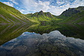 Mountain reflection in lake Utdalsvatnet, Unstad, VestvÃ¥gÃ¸y, Lofoten Islands, Norway