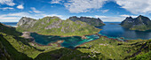 Panoramic view of Bunesfjord and Reinefjord, near Vindstad, MoskenesÃ¸y, Lofoten Islands, Norway