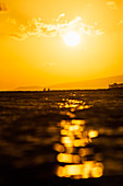 Zwei Männer paddeln im Meer bei Sonnenuntergang, Kaimana Beach, Honolulu, Hawaii, USA