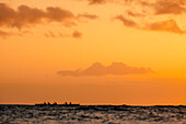 Gruppe von Männern paddeln im Meer bei Sonnenuntergang, Kaimana Beach, Honolulu, Hawaii, USA