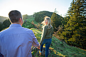 Rear view shot of couple walking holding hands in natural scenery in mountains, Horse Rock Ridge trail, Marcola, Oregon, USA