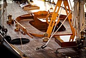 Deck of a vintage sailboat in the morning. Port of Mahó, Minorca, Balearic Islands, Spain