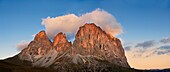 Sassolungo Mountain range, 3081m high, from the Sulla Pass between the Val Gardena and Val di Fassa, the Western Dolomites, Southern Tyrol, Trentino, Italy.