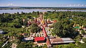Aerial of golden pagodas and stupas at Shwe Paw island, Shwegu, Kachin, Myanmar
