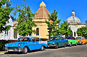 American vintage cars from the 1950s parked in the cemetery Necropolis Cristobal Colon