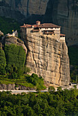 Europe, Grece, Plain of Thessaly, Valley of Penee, World Heritage of UNESCO since 1988, Orthodox Christian monasteries of Meteora perched atop impressive gray rock masses sculpted by erosion, the Roussanou convent
