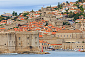 Old Town, ringed by defensive City Walls and Forts, from the sea, Dubrovnik, UNESCO World Heritage Site, Dalmatia, Croatia, Europe