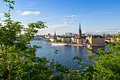 Riddarholmen Kirche und Skyline der Stadt von Södermalm, Stockholm, Schweden, Skandinavien, Europa