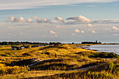 Colorful beach huts and lighthouse at Skanör med Falsterbo, Skane, Southern Sweden, Sweden
