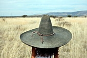 Hispanic girl wearing sombrero in field