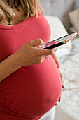 Caucasian expectant mother texting on cell phone