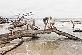 Caucasian by and girls examining driftwood on beach