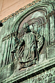 UNESCO World Heritage Speyer Cathedral, Pope figure at fountain, Speyer, Rhineland-Palatinate, Germany