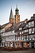 UNESCO World Heritage historic old town of Goslar, framework houses and North tower of parish church, Harz mountains, Lower Saxony, Germany