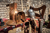 UNESCO World Heritage Trier, Gladiator equipment in the amphitheater, Trier, Rhineland-Palatinate, Germany