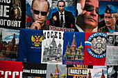 T-shirts with Putin motif for sale at souvenir stand at market, Uglich, Russia