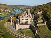 Aerial of Burg Wertheim castle and Main river, Wertheim, Spessart-Mainland, Franconia, Baden-Württemberg, Germany