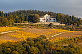 Villa Vistarenni, 17. Jhd., Hotel, Weinberge, bei Radda, Gaiole in Chianti, Herbst, Chianti, Toskana, Italien, Europa