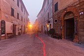 Via Ricasoli, street, fog, Montalcino, autumn, Val d´Orcia, UNESCO World Heritage Site, Tuscany, Italy, Europe