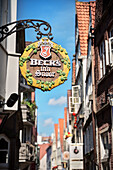 sign of Beck’s brewery in old town called Snoor, Hanseatic City Bremen, Germany