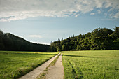 UNESCO World Heritage Ice Age Caves of the Swabian Alb, path through Lone Valley towards Hohlenstein-Stadel (Cave where Lion Man was found), Baden-Wuerttemberg, Germany