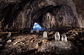 UNESCO World Heritage Ice Age Caves of the Swabian Alb, stalagmite kind of icicle at Sirgenstein Cave, Aach Valley, Baden-Wuerttemberg, Germany