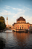 UNESCO World Heritage Berlin Museum Island, Bode Museum, view across Spree River towards Berlin TV tower, Berlin, Germany