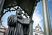 UNESCO World Heritage Martin Luther towns, Luther statue at market square at Wittenberg, Saxony-Anhalt, Germany