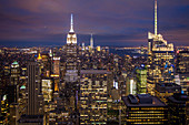 night shot of the empire state building and the buildings of midtown taken from the top of the rock observatory, manhattan, new york city, state of new york, united states, usa