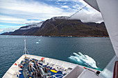 the foredeck of the ocean liner in the middle of the icebergs, astoria cruise ship, narsaq, greenland