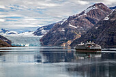 the boreal, cruise ship of the ponant line in front of a glacier, fjord in the prince christian sound, greenland
