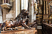 wooden lion in the stalls of the 17th century main altar inside the notre-dame-des arts church,  pont-de-l'arche (27), france