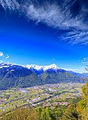 Snowy peaks of Rhaetian Alps in spring seen from Prati Nestrelli, Civo, province of Sondrio, Valtellina, Lombardy, Italy, Europe