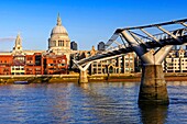 Millennium Bridge, Thames River and St. Pauls Cathedral, London, England, United Kingdom, Europe