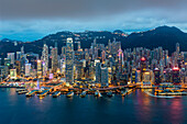 Elevated view, Harbour and Central district of Hong Kong Island and Victoria Peak, Hong Kong, China, Asia