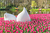 Bulblike sculpture and pink tulips at Keukenhof Gardens, Lisse, South Holland province, Netherlands, Europe