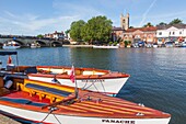 England,Oxfordshire,Henley-on-Thames,Leisure Boats and Town Skyline