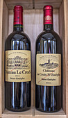 France, Gironde, Medoc, AOC Saint-Estephe, Chateau Le Crock, bottles of the First and Second wine