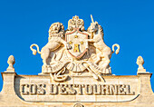 France, Gironde, Medoc, coat of arms on the wine warehouse of Chateau Cos d'Estournel, AOC St Estephe's First Grand Cru Classe