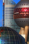 Asia, China, Shanghai.. Lujiazui. Pudong. Oriental Pearl Tower. Shanghai International Convention Center