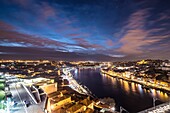 Evening sky over Douro River and cities of Porto (right) and Vila Nova de Gaia, Portugal, View with Caia Cable Car station