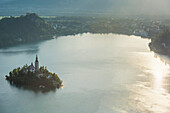 Bled Island and Church of the Assumption of Maria at sunrise, Bled, Slovenia, Europe