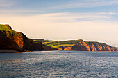 Sandstone cliffs of the Jurassic Coast, UNESCO World Heritage Site, Ladram Bay, Devon, England, United Kingdom, Europe