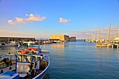 The boat lined Venetian Harbour and Fortress, Heraklion, Crete, Greek Islands, Greece, Europe